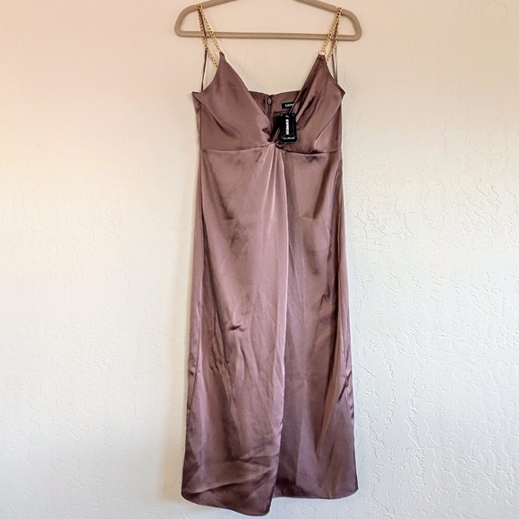 Express Satin Slip Dress in Mauve Taupe with Chain Straps Midi - Picture 2 of 12